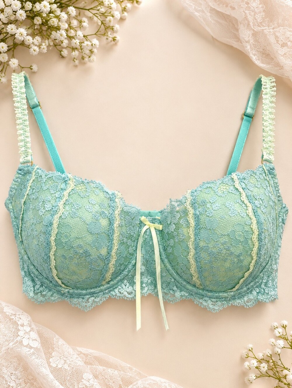 Vogue Coquette Lace Feminine Pinup Girl Sexy Balconette Ribbon Lingerie Bra 36B